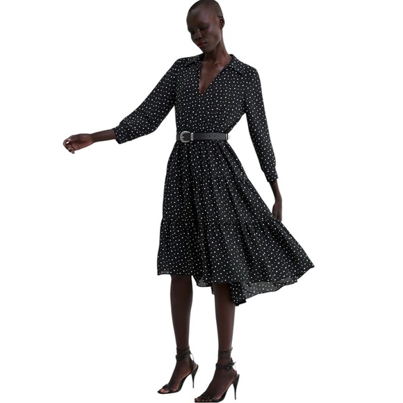 Zara Black and White Polka Dot Deep V-Neck Midi Dress Size XL - Picture 2 of 11